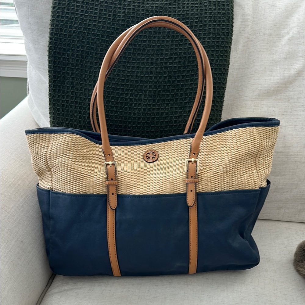 Tory Burch Blue and Tan Canvas Tote with Nautical Charm